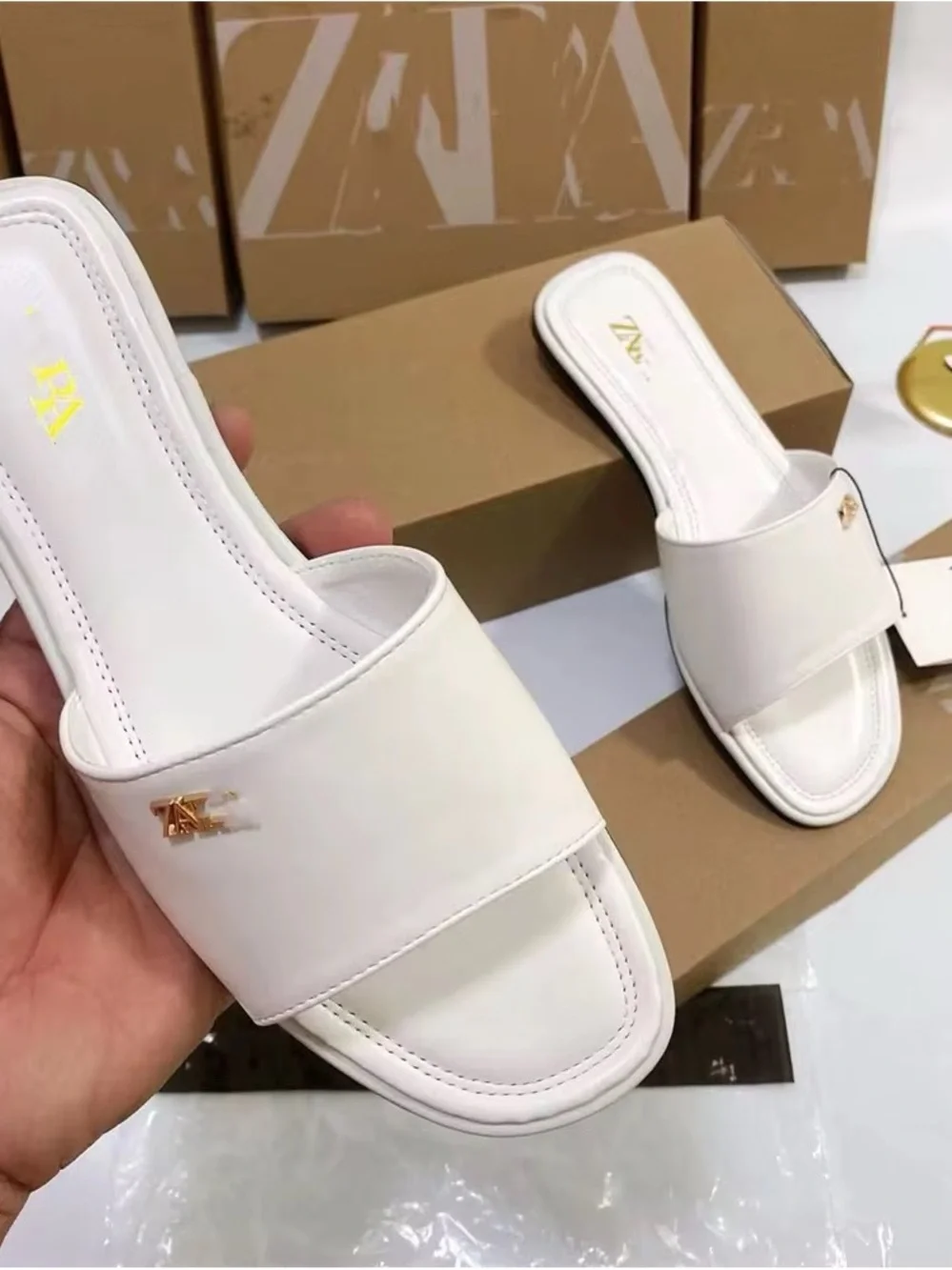 Zara White Slide Sandals with Gold Logo Pin - Picture 1 of 11